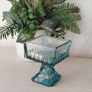 Vintage Aqua Blue Square Pedestal Jeanette Glass Dish, Height 4"